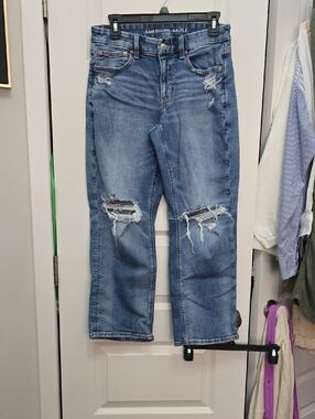 American Eagle Outfitters Light Blue Distressed Curvy Straight Jeans